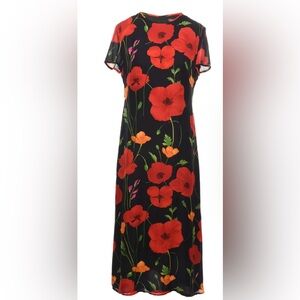 Vintage Floral Poppy Print Silk Maxi Dress